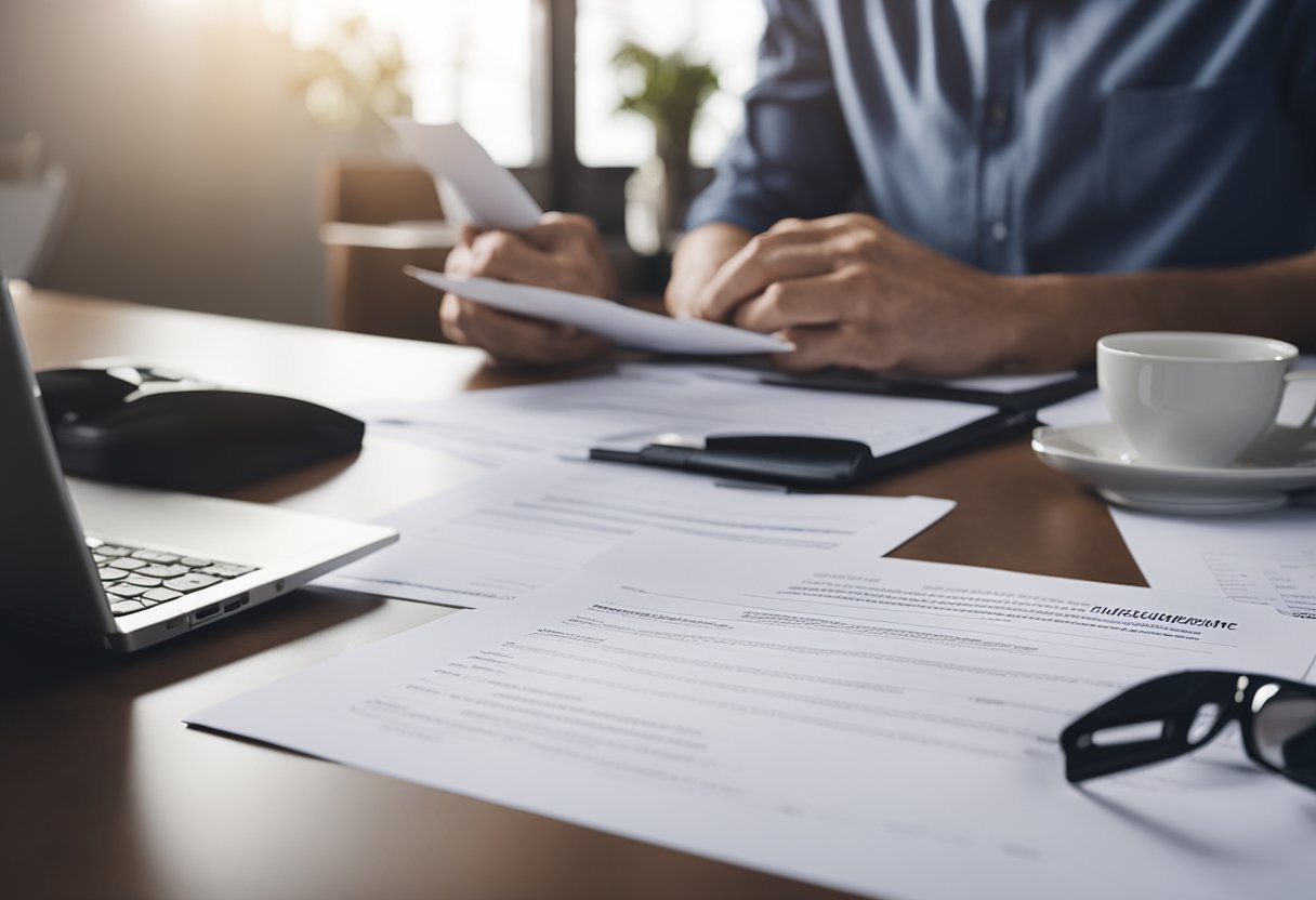 Uma pessoa preenchendo documentos em uma mesa, com um laptop e documentos de seguro espalhados à sua frente.