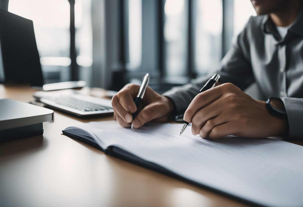 Uma pessoa preenchendo documentos em uma mesa com um computador e documentos.