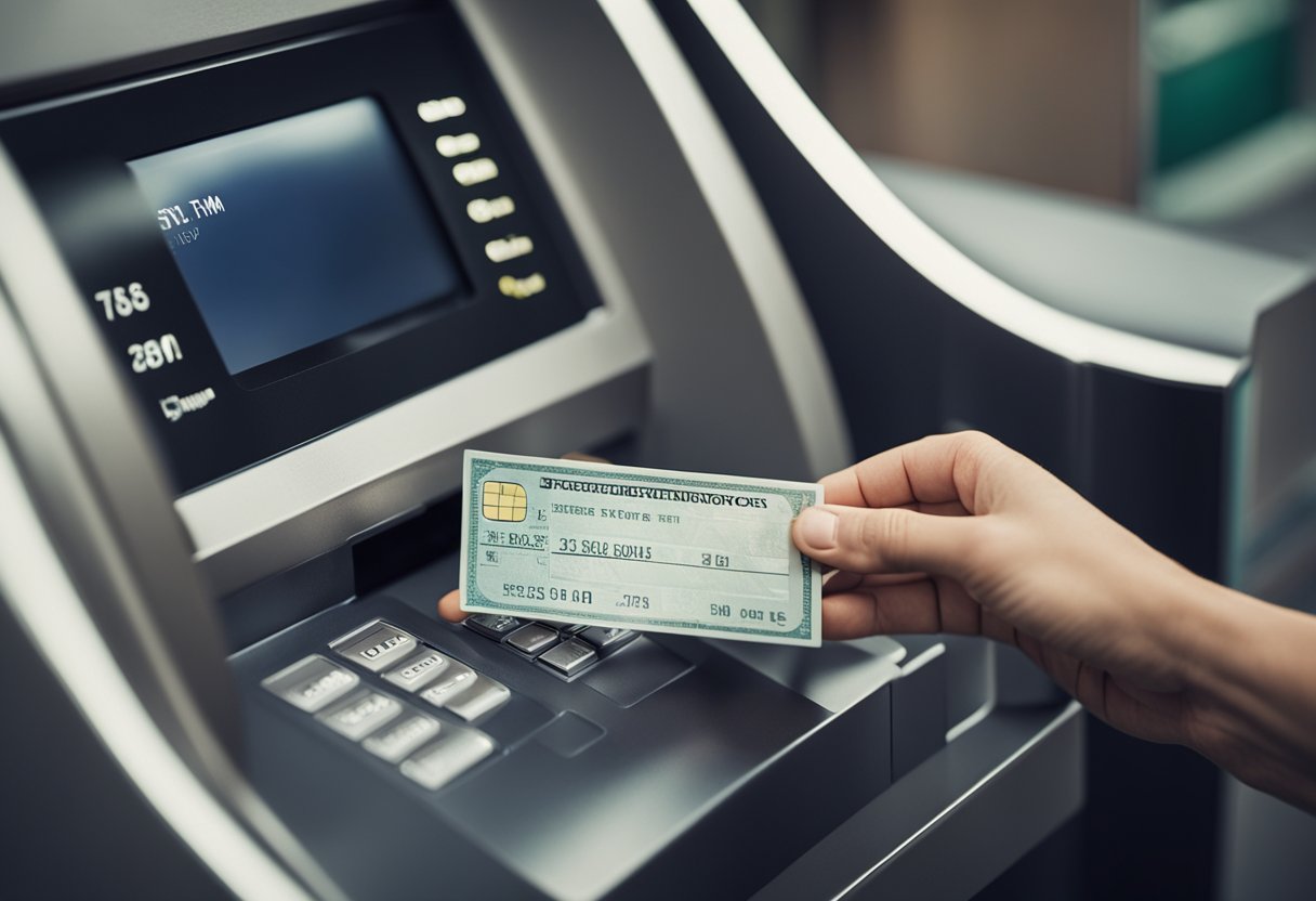 Uma mão segurando um cheque, inserindo-o em uma fenda de um caixa eletrônico, com a máquina exibindo opções de depósito na tela.