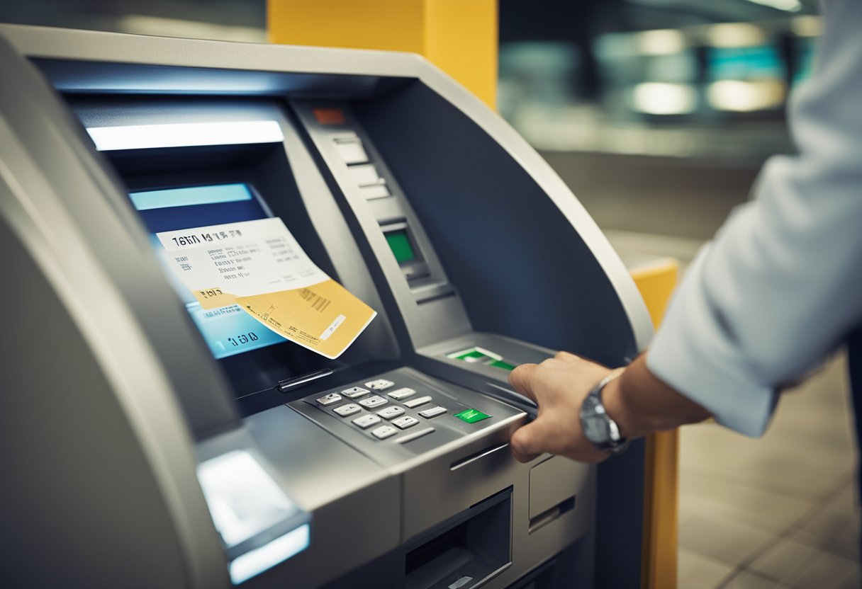 Uma pessoa insere um cheque em um caixa eletrônico, segue as instruções na tela e aguarda a máquina processar o depósito.