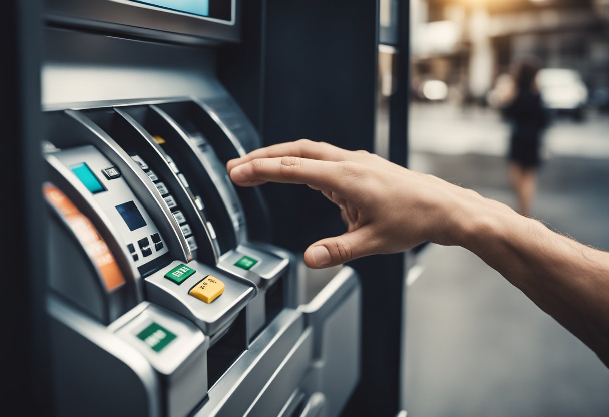 Uma mão alcançando uma fenda em um banco ou caixa eletrônica para depositar dinheiro na fenda