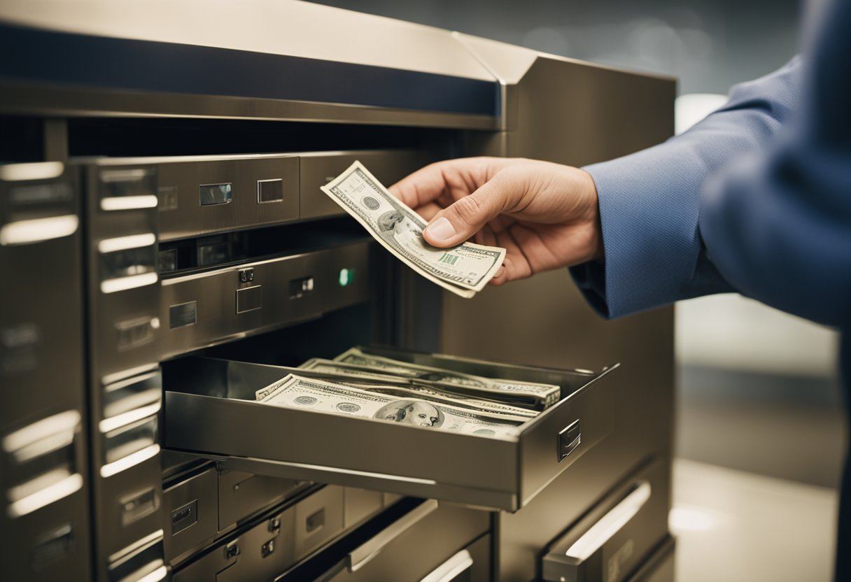 Uma pessoa colocando dinheiro em um cofre bancário