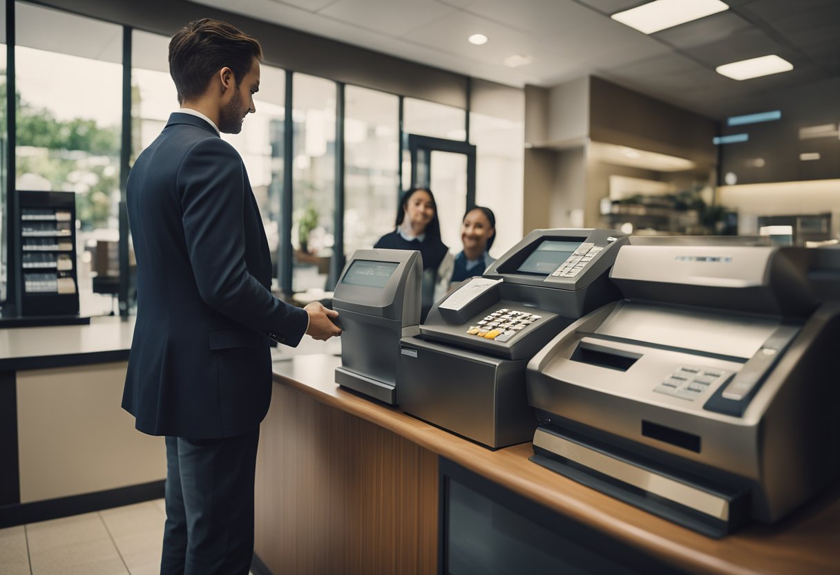 Uma pessoa em pé em uma janela de caixa de banco, entregando dinheiro ao caixa para fazer um depósito no caixa registrador.