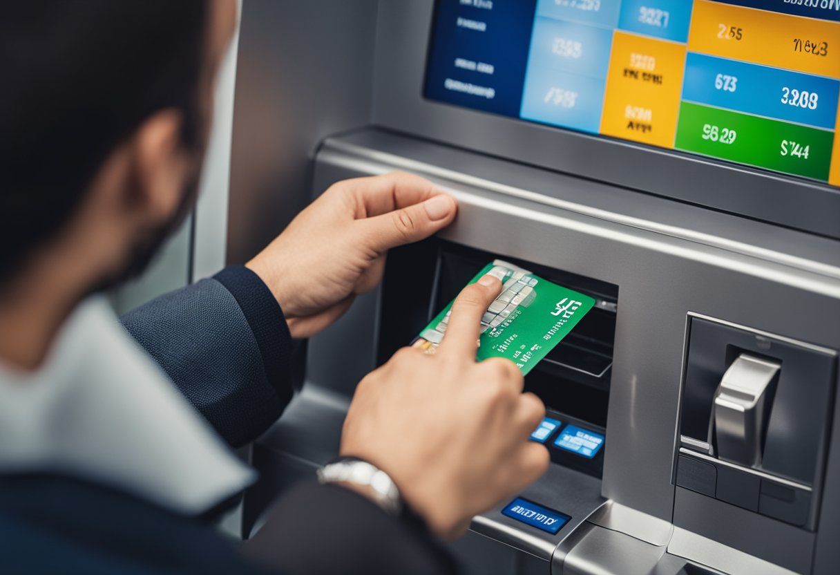 Uma pessoa inserindo dinheiro em um caixa eletrônico do Agibank, com a máquina exibindo a opção de depositar dinheiro na conta