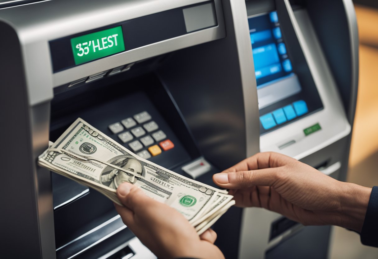 Uma pessoa segurando um monte de dinheiro se aproxima de um caixa eletrônico do Agibank, inserindo notas na fenda de depósito. A tela do caixa eletrônico exibe uma mensagem de confirmação.