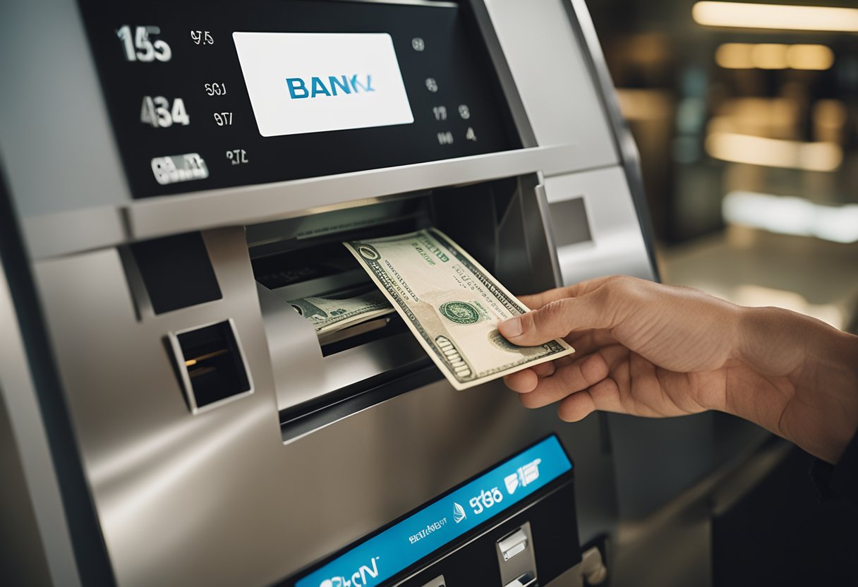 Uma pessoa colocando dinheiro em uma fenda de depósito bancário no Banco Inter, com um cartão bancário na mão