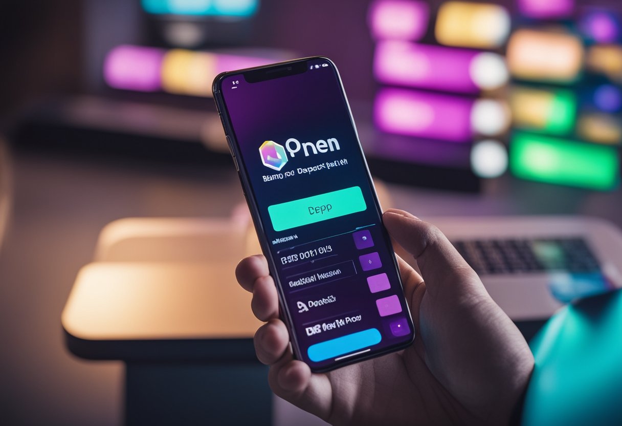 Uma mão segurando um monte de notas sobre um celular com o aplicativo do Banco Neon aberto, com uma seta brilhante apontando para um botão "Depositar".