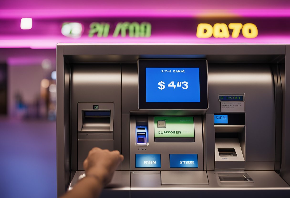 Uma pessoa está em um caixa eletrônico, inserindo dinheiro na fenda de depósito em uma agência do banco Neon. A máquina exibe uma mensagem de confirmação.