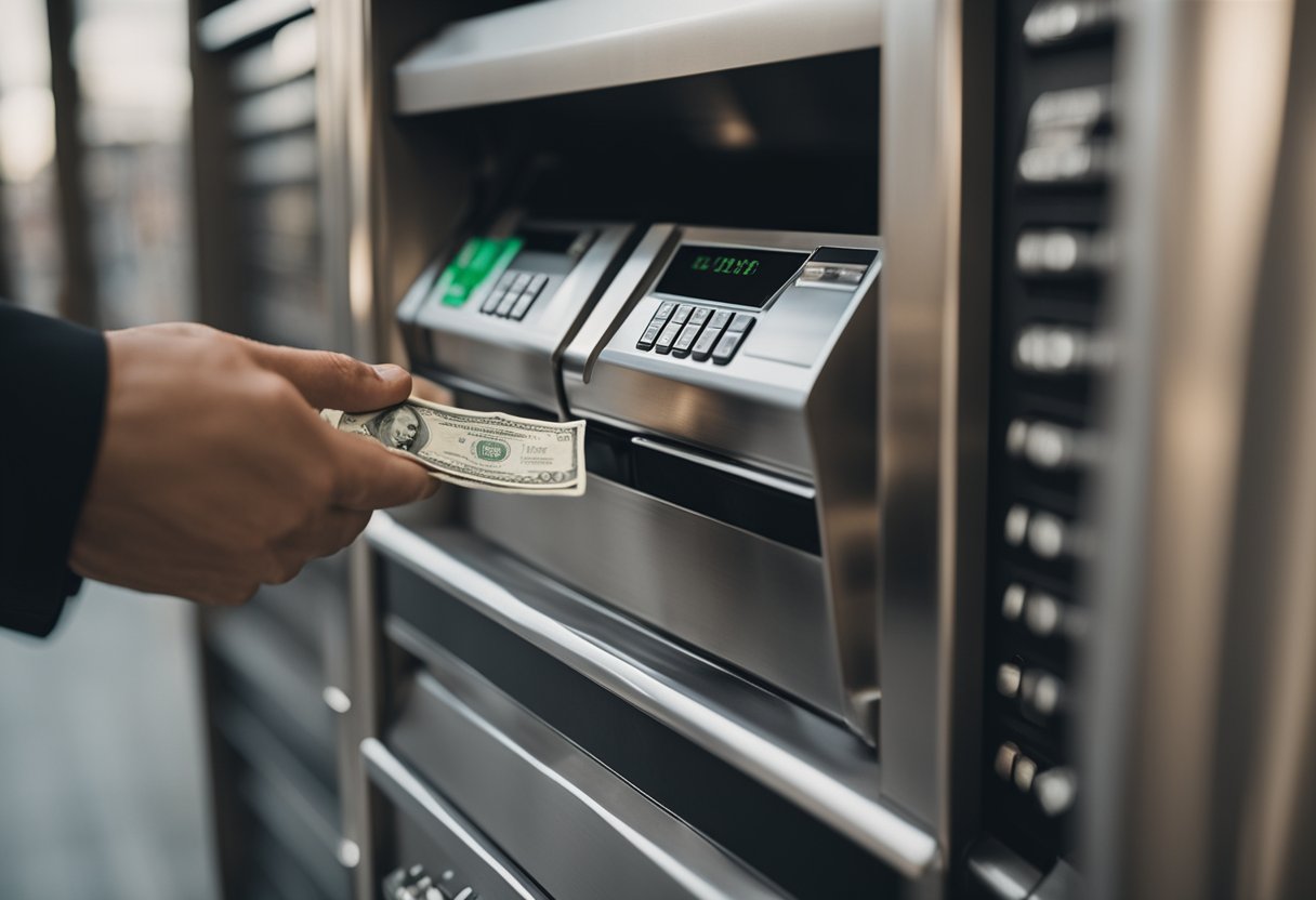 Uma pessoa colocando dinheiro em uma fenda de depósito de Banco Pan