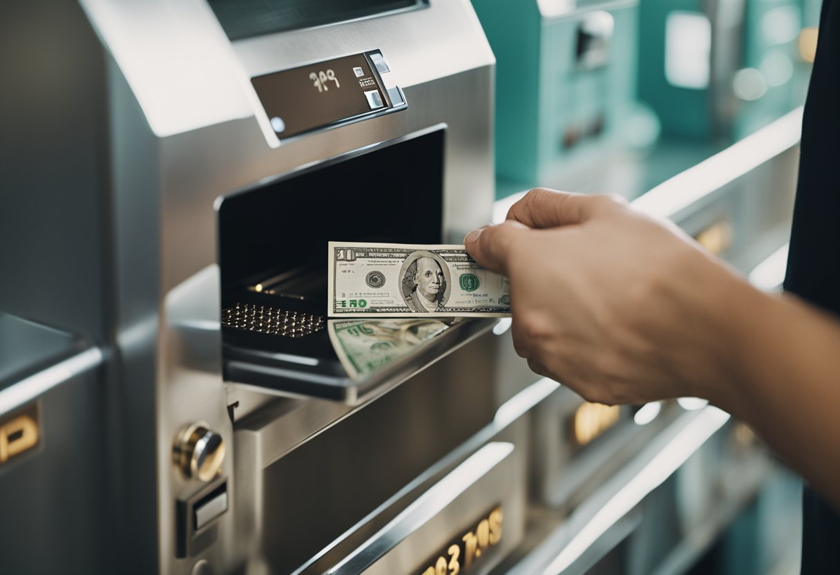 Uma pessoa inserindo dinheiro em uma fenda de depósito bancário.