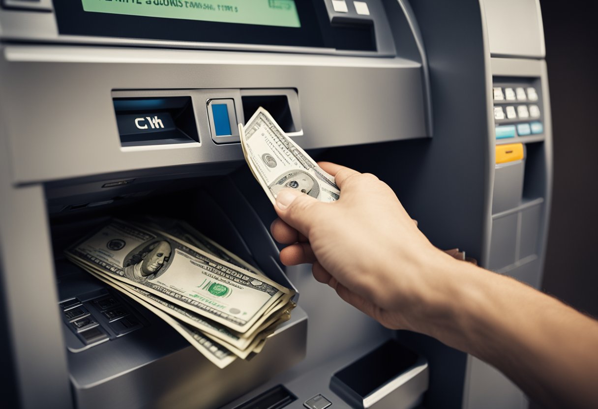 Uma mão segurando um monte de dinheiro se aproxima de um caixa eletrônico do C6 Bank, pronta para depositar dinheiro na máquina.