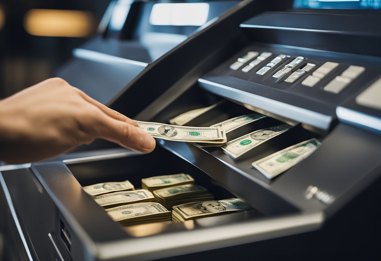 Uma mão colocando dinheiro em uma fenda de depósito na área de depósitos do Banco C6