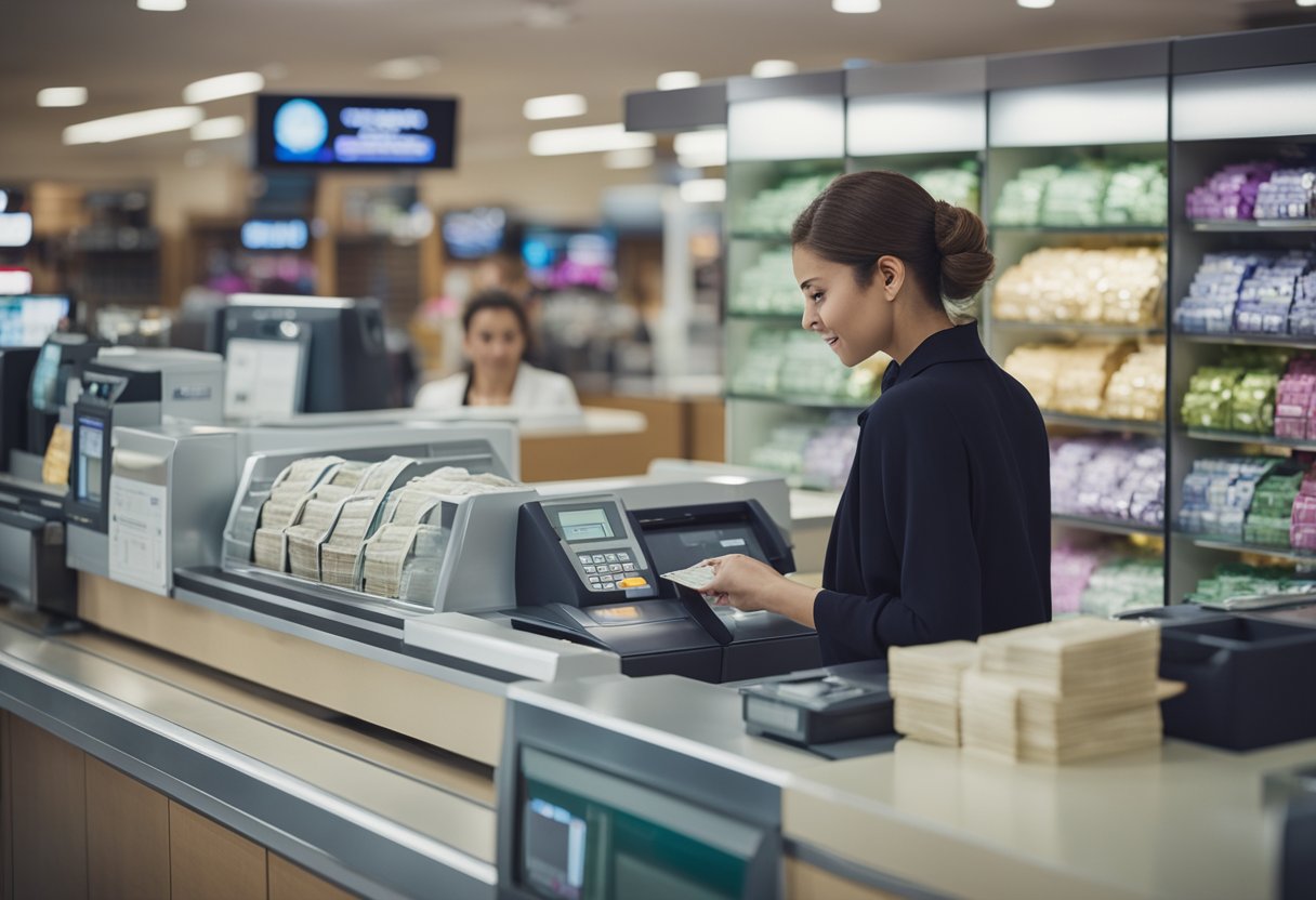 Uma pessoa entra em uma agência de loteria bem iluminada, entregando dinheiro ao caixa atrás do balcão. O caixa processa o depósito na conta do Nubank.