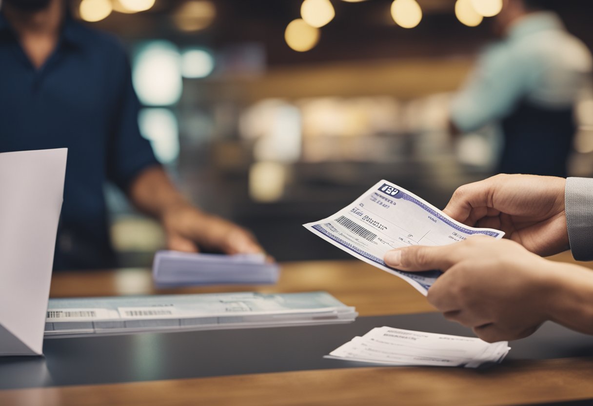 Uma pessoa em pé em um balcão de loteria, entregando dinheiro ao caixa enquanto segura um comprovante de depósito do Nubank.