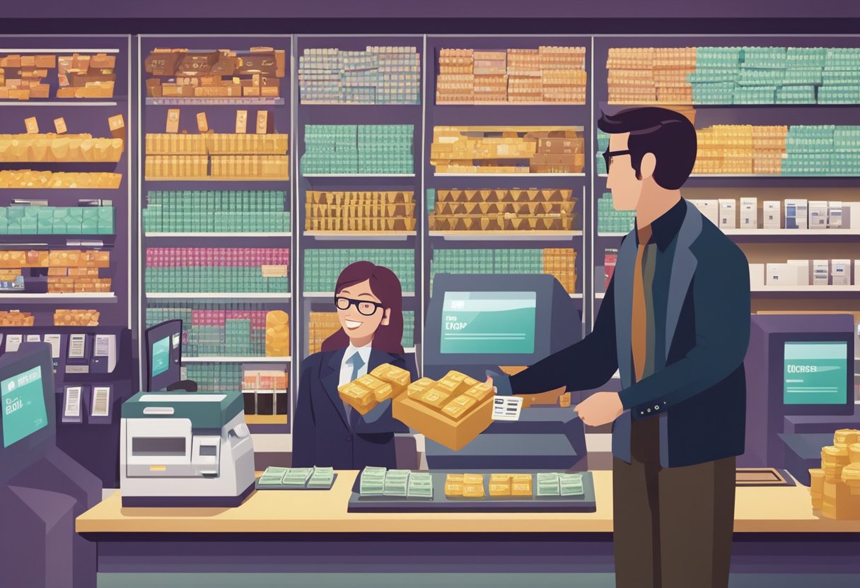 Uma pessoa na agência da loteria entrega dinheiro ao caixa, que processa o depósito em uma conta Nubank.