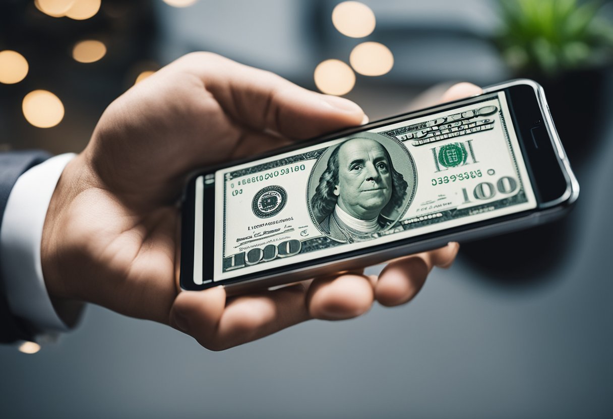 Uma mão segurando um monte de dinheiro paira sobre um smartphone com o aplicativo PagBank aberto, pronta para fazer um depósito.