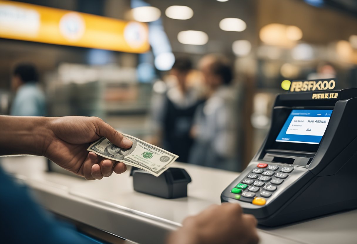 Uma pessoa entrega dinheiro a um caixa em um quiosque de loteria, enquanto segura o aplicativo PicPay aberto em seu telefone para depositar dinheiro.