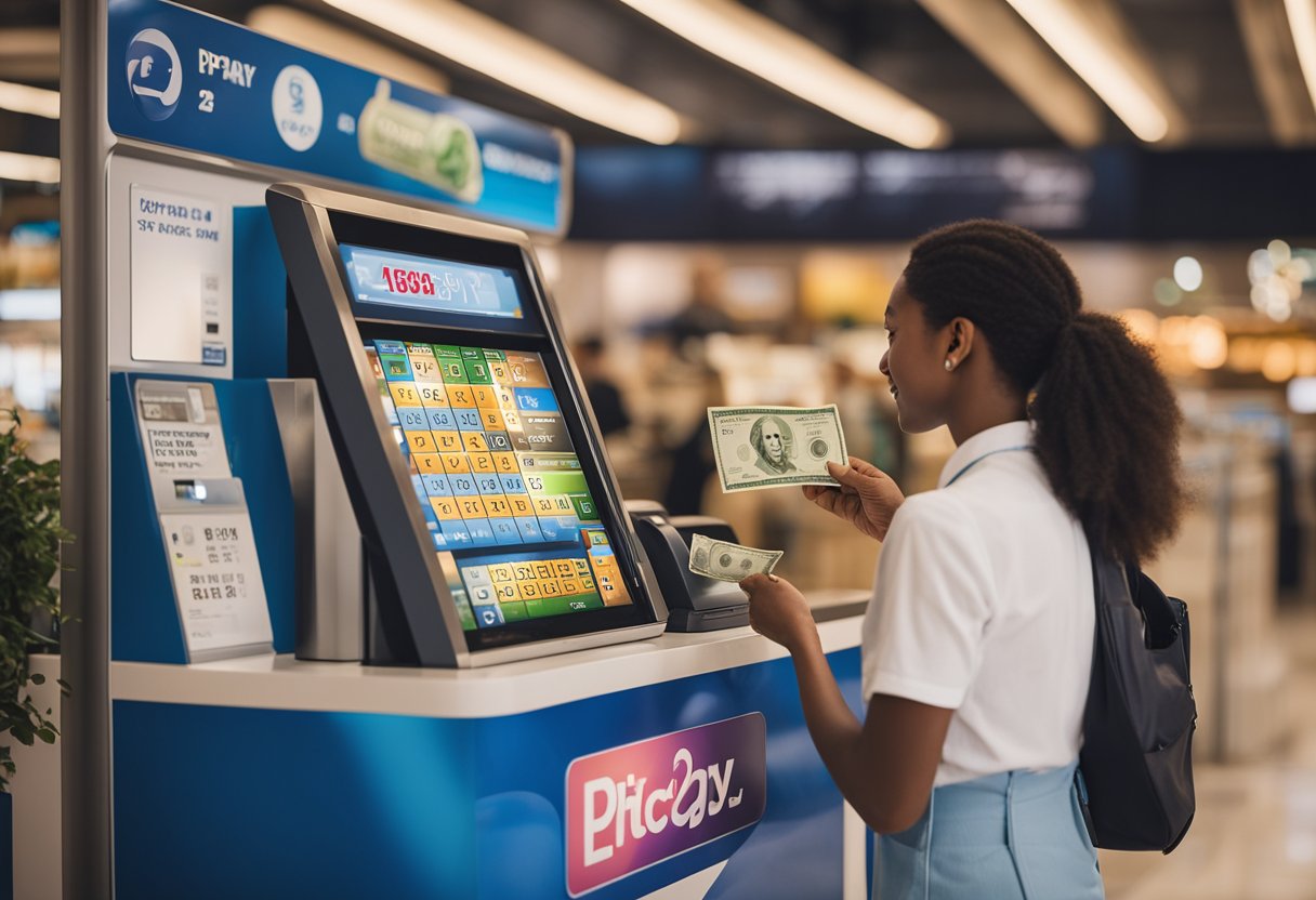 Uma pessoa em pé em um quiosque de loteria, entregando dinheiro ao caixa. O aplicativo PicPay está exibido no telefone da pessoa, mostrando uma transação de depósito.