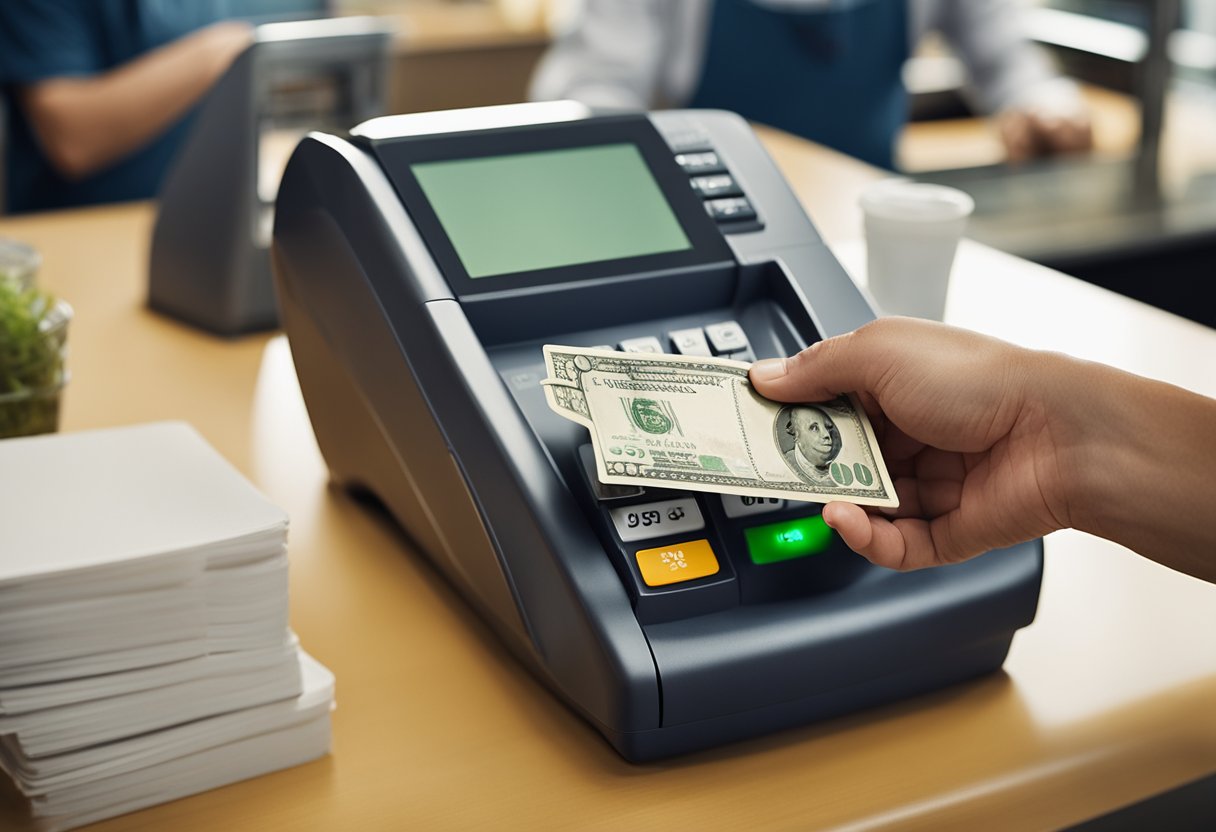 Uma pessoa em pé em um balcão de lotérica, entregando dinheiro ao caixa. O caixa está processando o depósito enquanto o cliente segura um cartão PicPay.