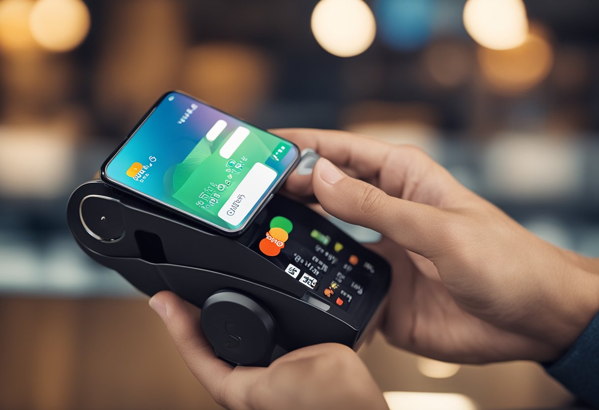 Uma mão segurando um smartphone com o aplicativo PicPay aberto, tocando no botão "depósito" com um cartão bancário próximo.