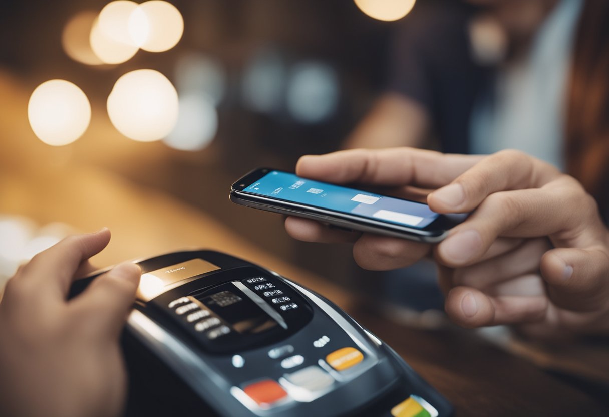 Uma mão segurando um smartphone com o aplicativo PicPay aberto, enquanto outra mão segura um cartão de crédito pronta para fazer um depósito.