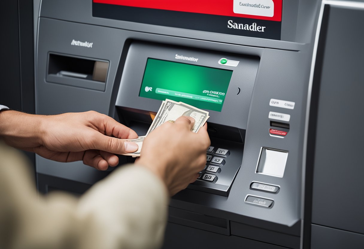 Uma pessoa insere dinheiro em um caixa eletrônico do Santander, com a máquina exibindo opções para depositar dinheiro.