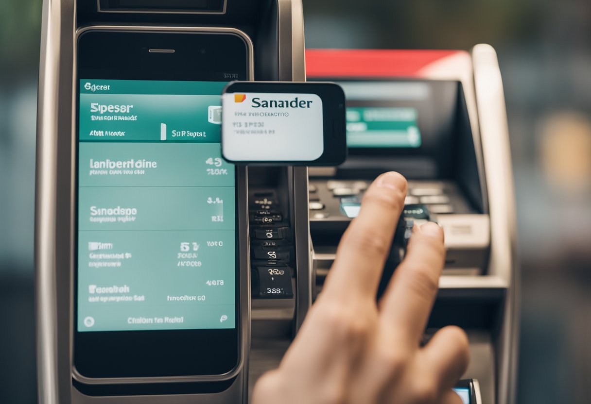 Uma pessoa usando um smartphone para acessar o aplicativo Santander, selecionando a opção de depósito e inserindo dinheiro no caixa eletrônico.