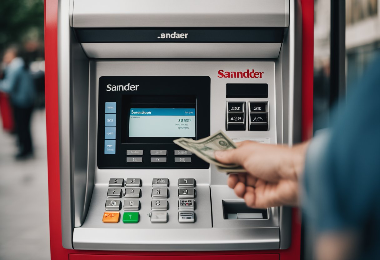 Uma pessoa insere dinheiro em um caixa eletrônico do banco Santander para depósito.