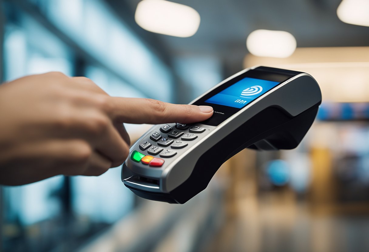 Uma mão paira um cartão sem contato sobre um leitor, enquanto uma segunda mão se estende para bloquear o sinal, com um 'X' vermelho aparecendo no leitor.