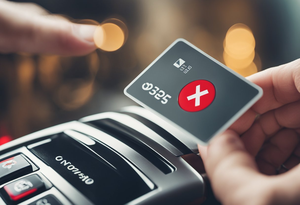 Uma mão segurando um cartão contactless sendo colocada perto de um símbolo desativado, com um X vermelho sobre o cartão
