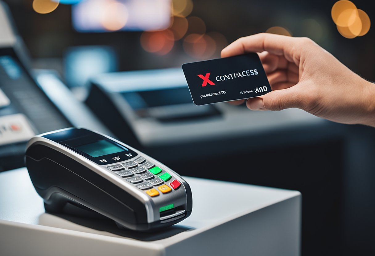 Uma mão segurando um cartão sem contato sendo colocada em cima de um leitor de cartões, com um símbolo vermelho de "X" aparecendo na tela do leitor.