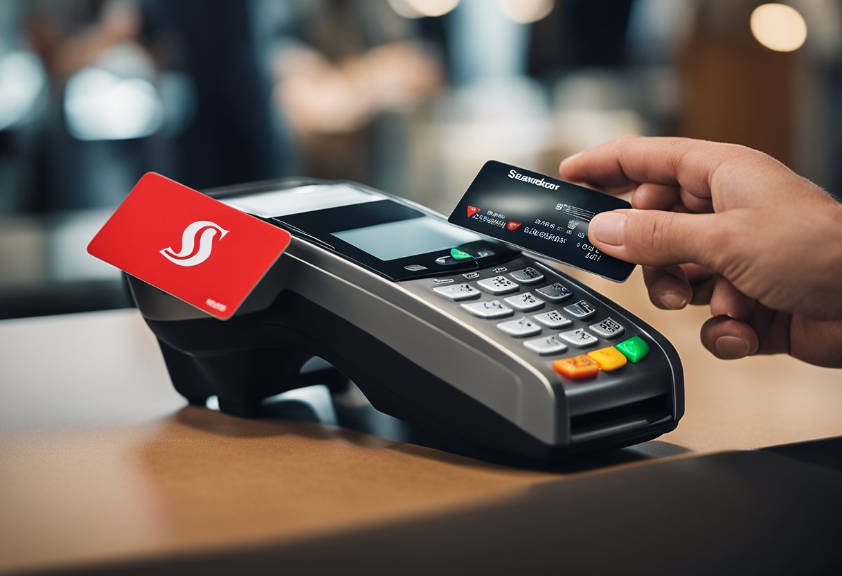 Uma pessoa segurando um cartão Santander e encostando-o em um terminal de pagamento, com um "X" vermelho sobre o símbolo de contato por aproximação.
