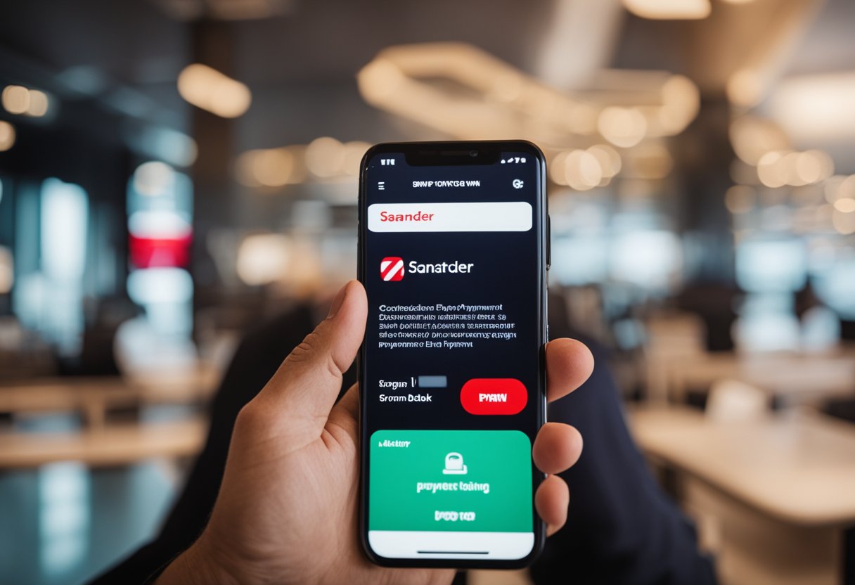 Uma pessoa segurando um smartphone com um aplicativo de pagamento aberto, navegando pelas configurações para desativar o recurso de pagamento por aproximação no aplicativo do banco Santander.