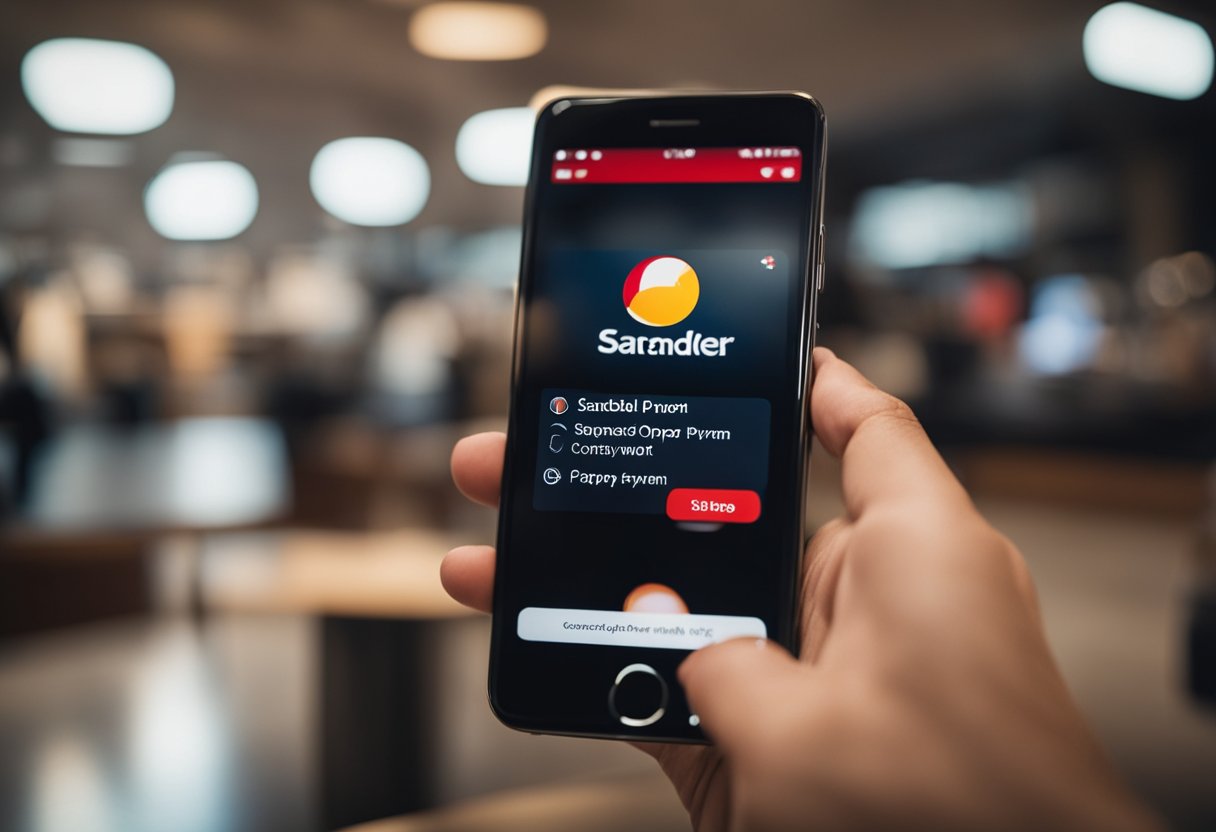 Uma mão segurando um smartphone com o aplicativo do Santander aberto, tocando na opção "desativar pagamento por aproximação"