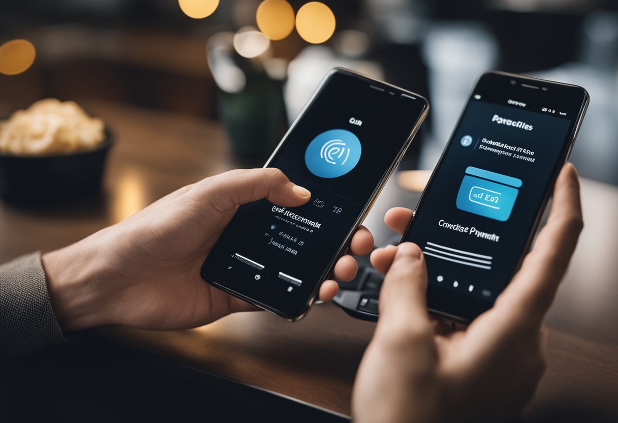 Uma pessoa segurando um smartphone e tocando no menu de configurações para desativar o pagamento por aproximação