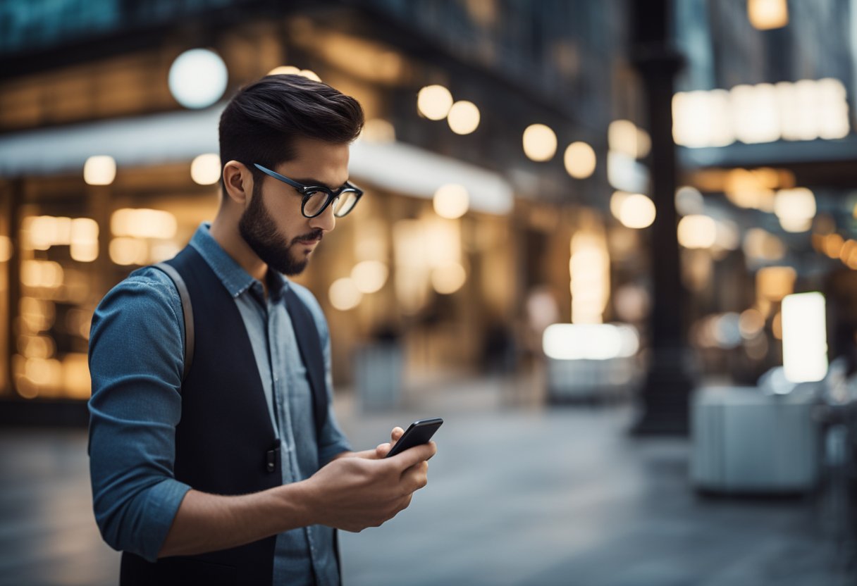 Uma pessoa segurando um smartphone, navegando pelas configurações para desativar o recurso de "pagamento por proximidade".