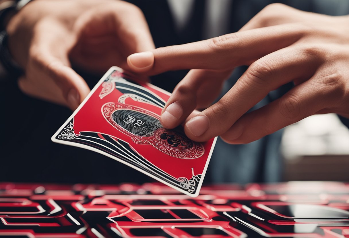 Uma mão reaching por um cartão BRB Flamengo, cercada por um padrão brilhante e giratório de cores vermelha e preta