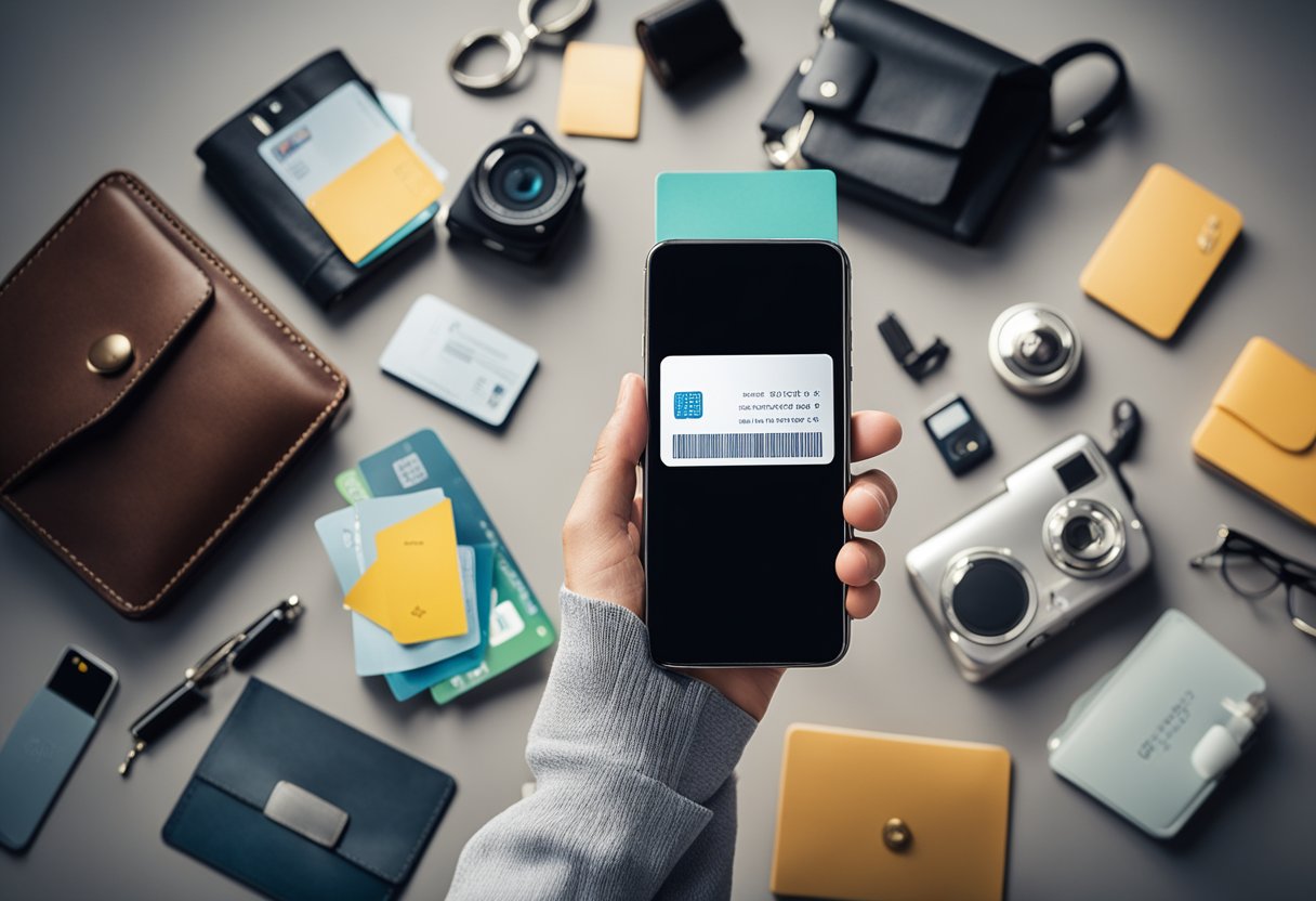 Uma pessoa segurando um cartão Meliuz bloqueado, cercada por itens comuns como um telefone, computador e carteira, com um símbolo de desbloqueio ou resolução ao fundo.