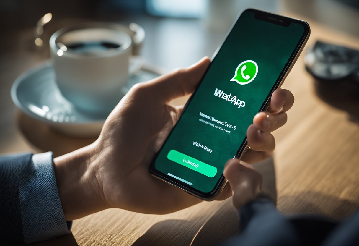 Um smartphone com o logo do WhatsApp na tela, exibindo o aplicativo Caixa Tem sendo desbloqueado com um toque de dedo.