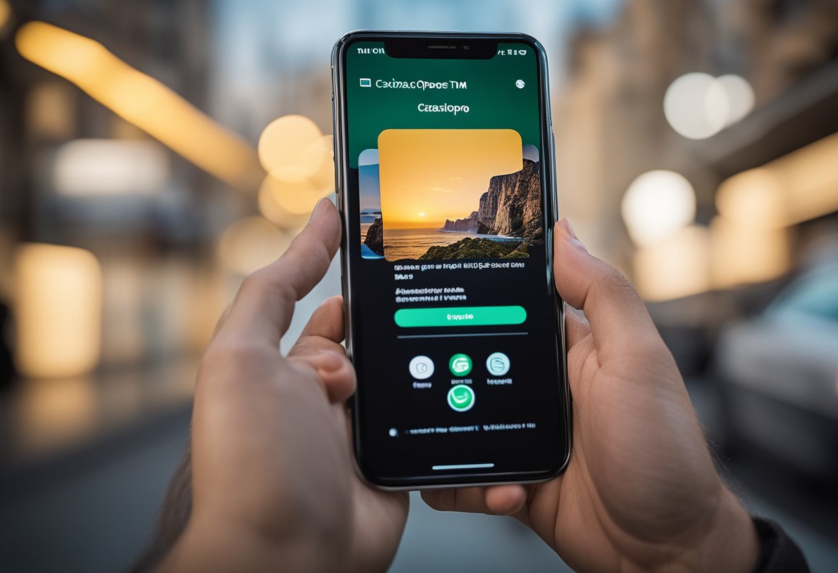 Um smartphone com o aplicativo Caixa Tem aberto, com uma conversa no WhatsApp na tela mostrando os passos para desbloquear o aplicativo.