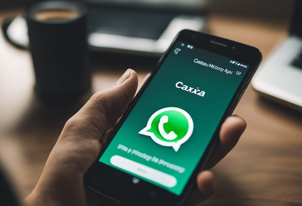 Um smartphone exibindo o aplicativo Caixa Tem aberto na interface de chat do WhatsApp, com um dedo tocando na tela para iniciar o processo de desbloqueio.