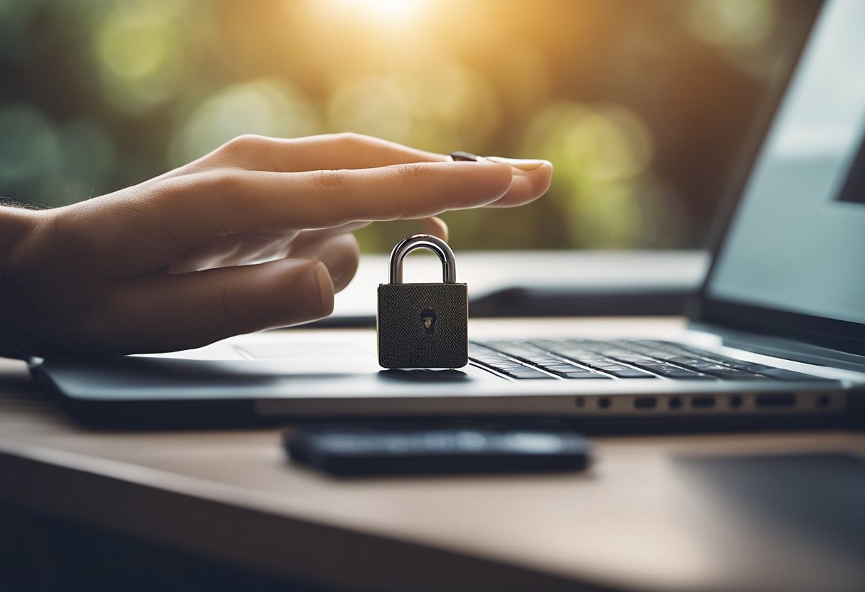 Uma mão alcançando um cartão de crédito com um símbolo de cadeado, enquanto uma chave paira nas proximidades