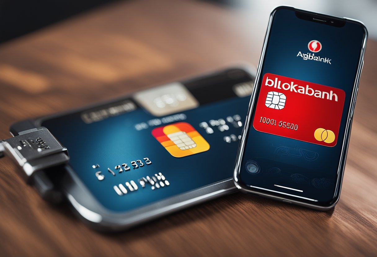 Um cartão de crédito bloqueado com um símbolo vermelho de "bloqueado", ao lado de um smartphone exibindo o aplicativo Agibank com uma opção de "desbloquear cartão"