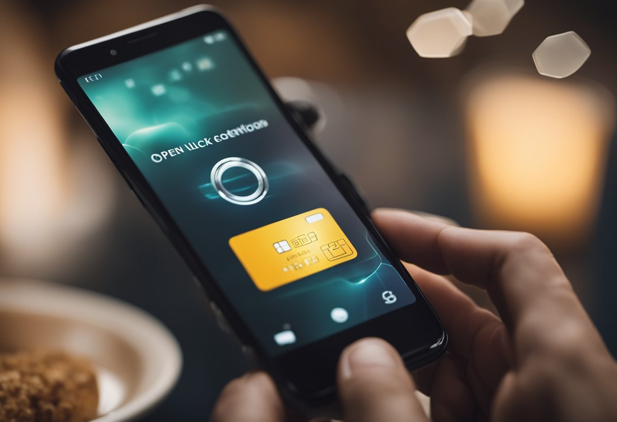 Uma mão segurando um smartphone com o aplicativo Ame aberto, tocando na opção "Desbloquear Cartão" com um símbolo de cadeado na tela.