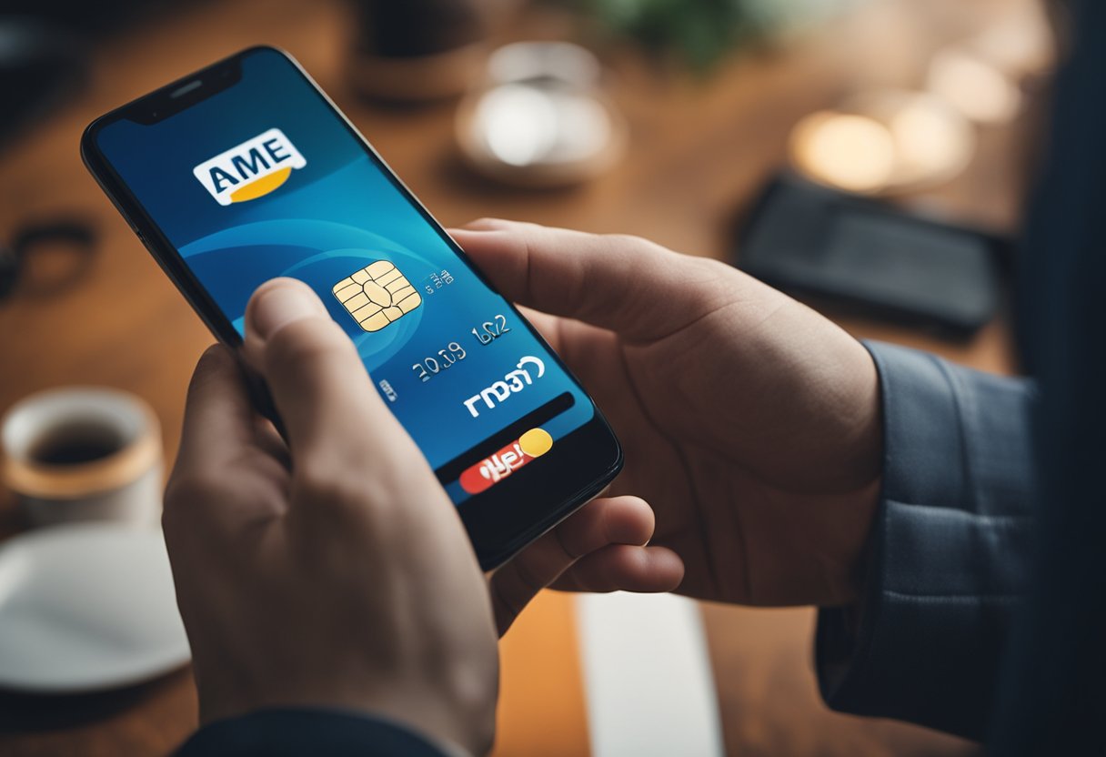 Uma mão segurando um cartão de crédito com o logo "AME", enquanto outra mão usa um smartphone para tocar e desbloquear o cartão