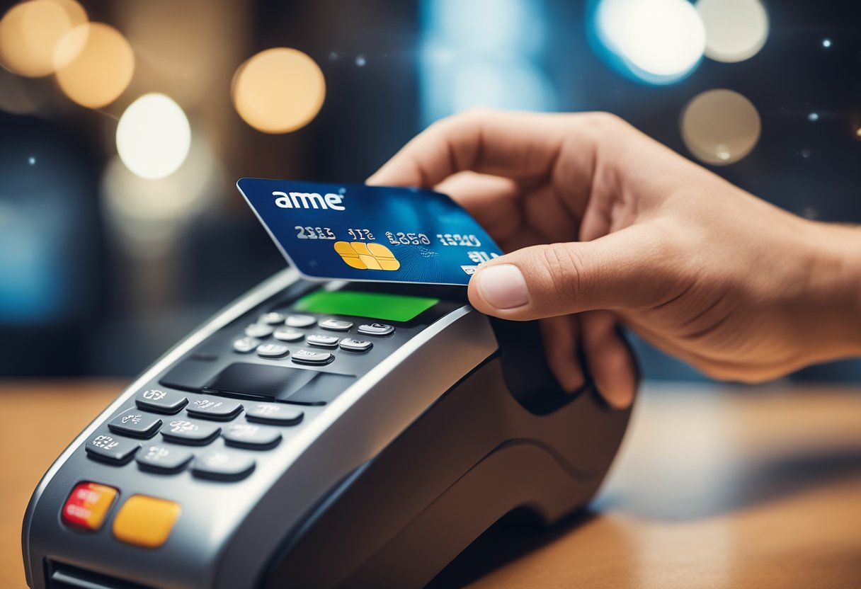 Uma mão alcançando um cartão de crédito com o logo da AME, enquanto um smartphone exibe os passos para desbloquear o cartão