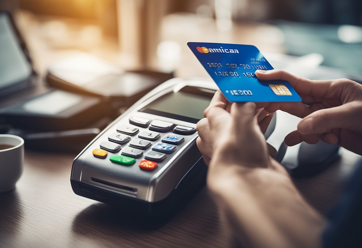 Uma mão alcançando um cartão de crédito com o logo da Americanas, cercada por vários itens à venda, como eletrônicos, roupas e produtos para o lar.