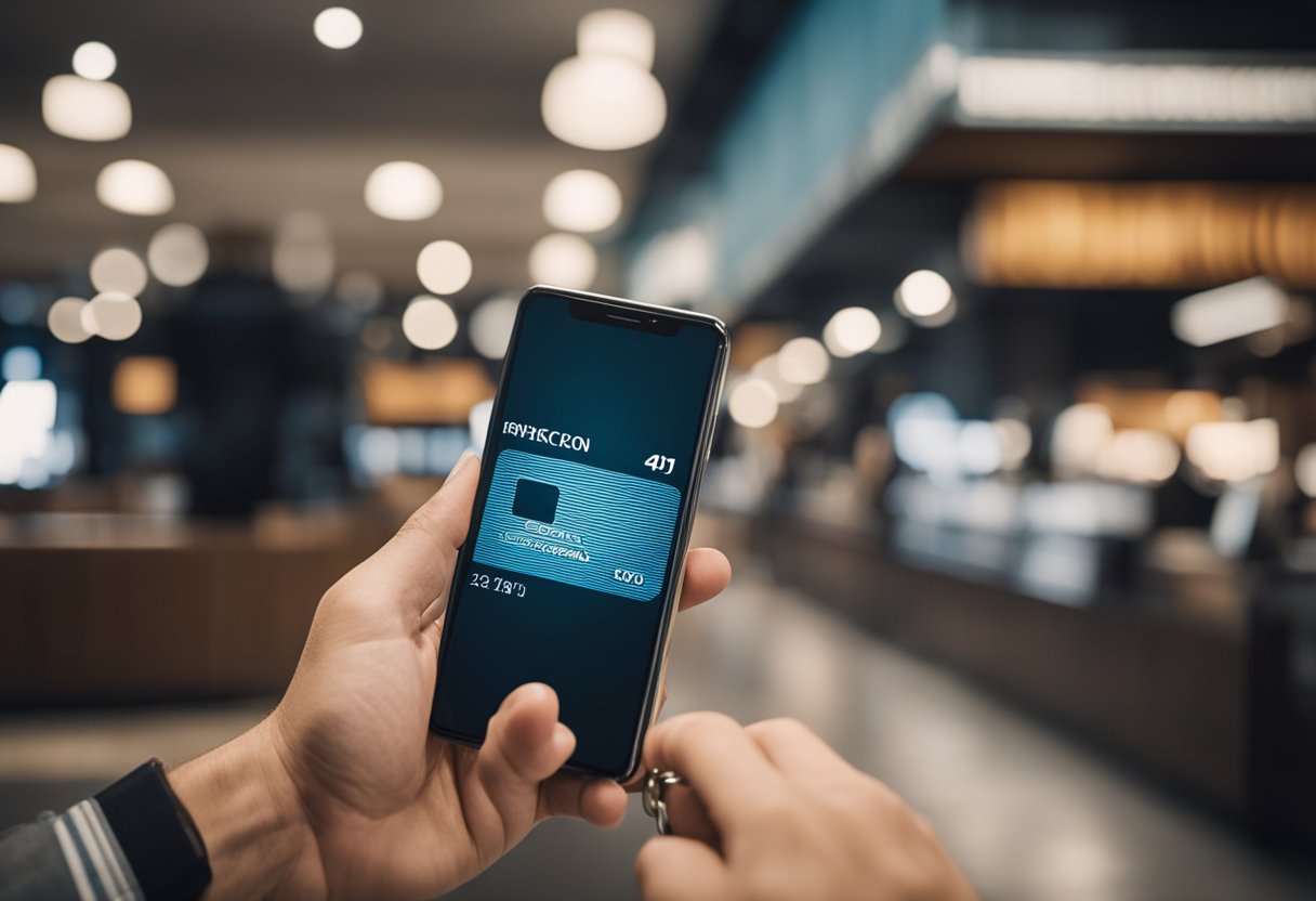 Uma pessoa segurando um cartão Americanas bloqueado enquanto olha para um smartphone em busca de assistência