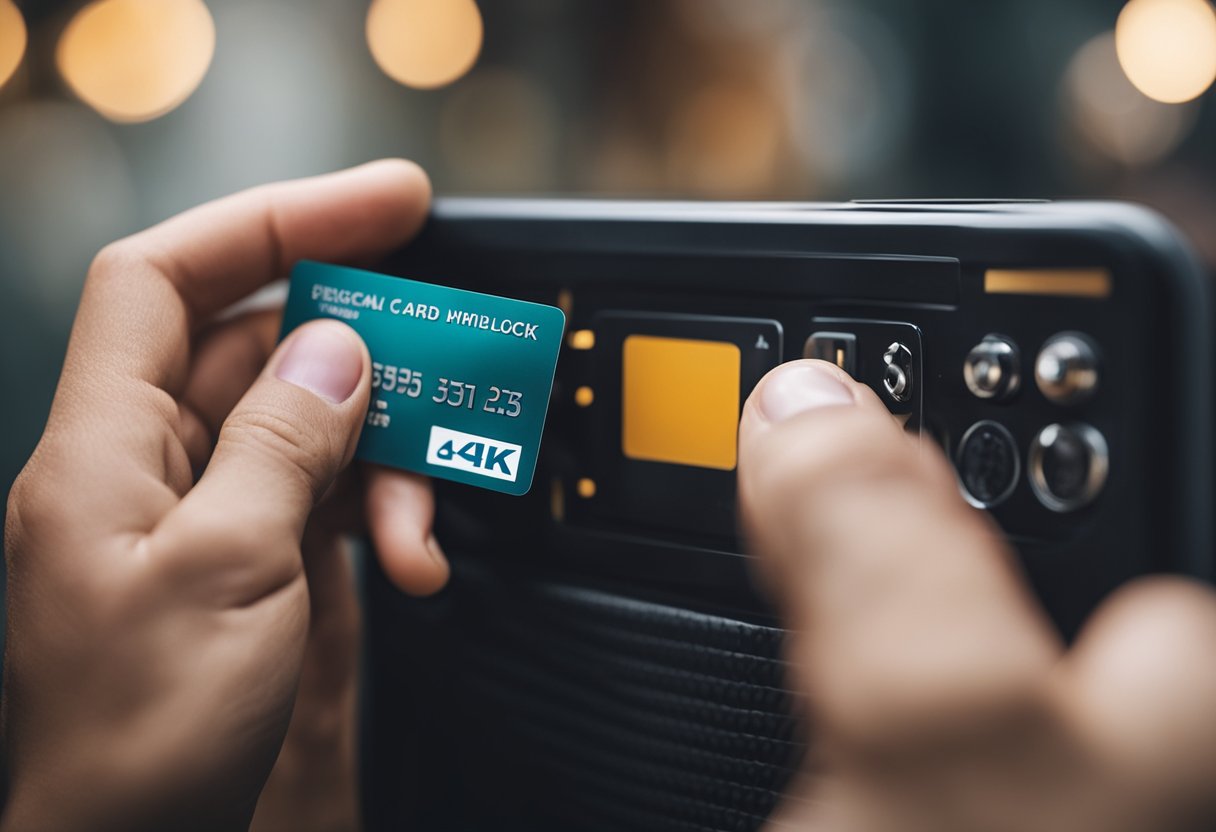 Uma mão segurando um cartão Americanas, com um dedo pressionando o botão de desbloquear