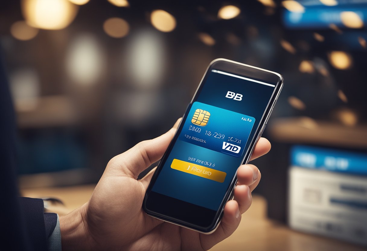 Uma mão alcançando um cartão de débito com o logo do BB, enquanto um smartphone exibe um aplicativo bancário com uma opção de "desbloquear cartão".